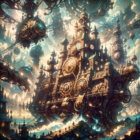 a medieval steampunk city known as steamholm, where clockwork machinery blends with castle architecture.  anime-style picture, f...