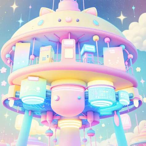 Kawaii Tech,pastel color, kawaii,  Cute colors ,scifi,  
theme park, merry-go-round