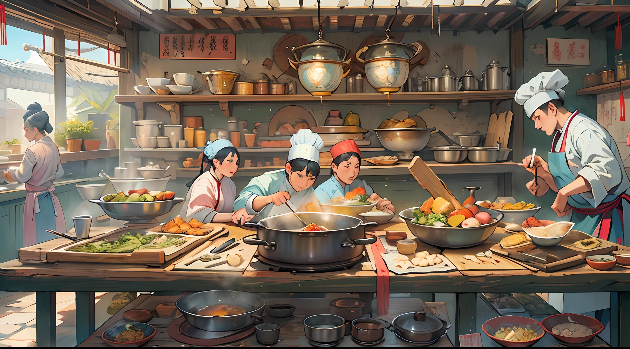 In the palace kitchen, Many chefs are busy cooking, Full of ancient Chinese kitchen elements，In the style of Chinese painting, A realistic depiction of everyday life, Fauvist animator, photo-realistic techniques, Lively tavern scene, Sky blue and amber, depictions of labor ,16k, Best quality, Masterpiece, Super detail, High details