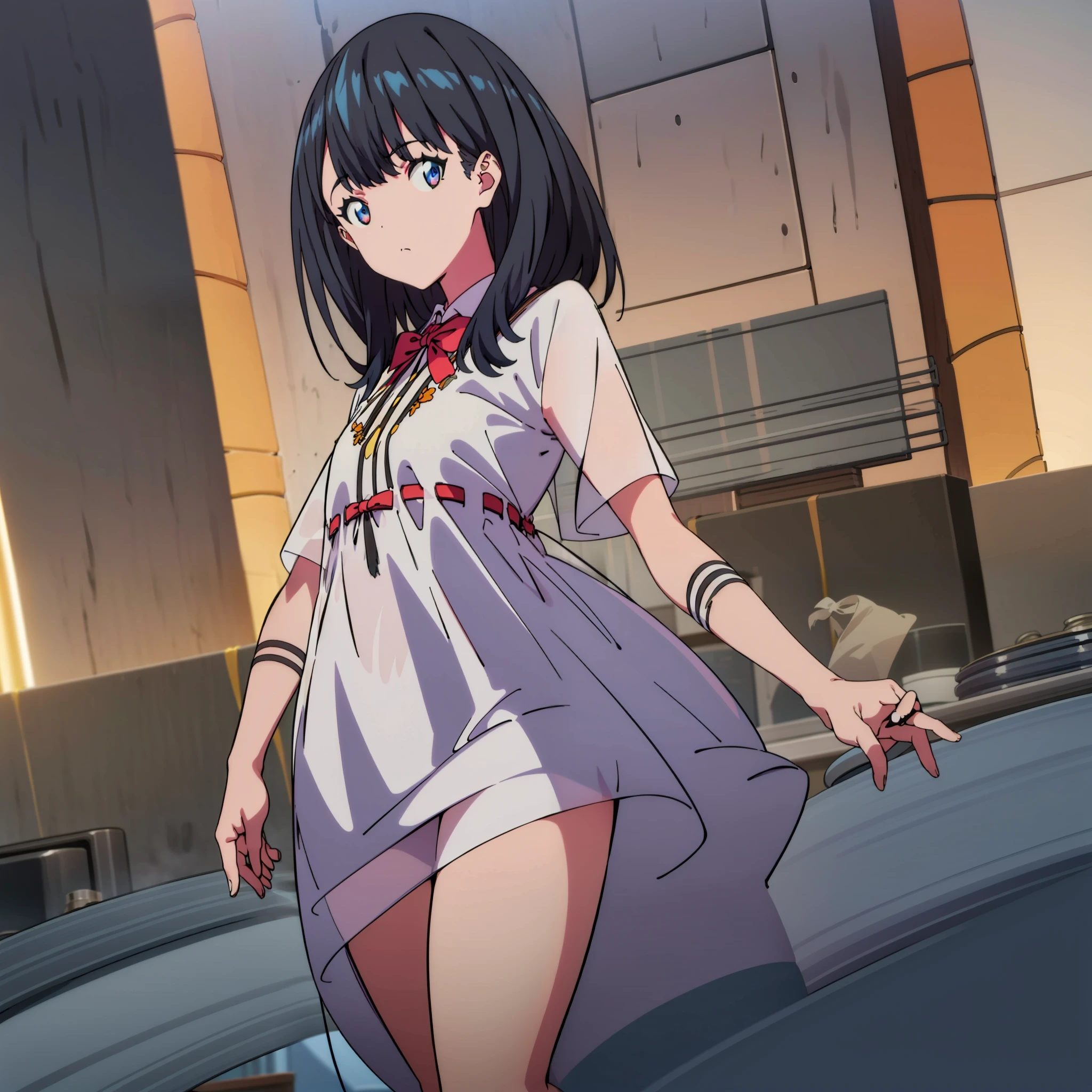 (ssss.gridman),1girl in,(​master piece),(top-quality),Perfectly pretty face,dynamicposes,A dark-haired,hi-school girl,See-Through Dress