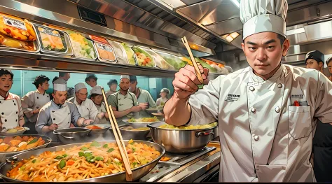 In a live broadcast room，A chef dressed as a chef stands in front of the kitchen，Hold a shining wok in hand，On top stir-fried a mouth-watering Supreme Emperor fried rice。Surrounded by a bustling crowd, They were all attracted by the fried rice in his hand,...