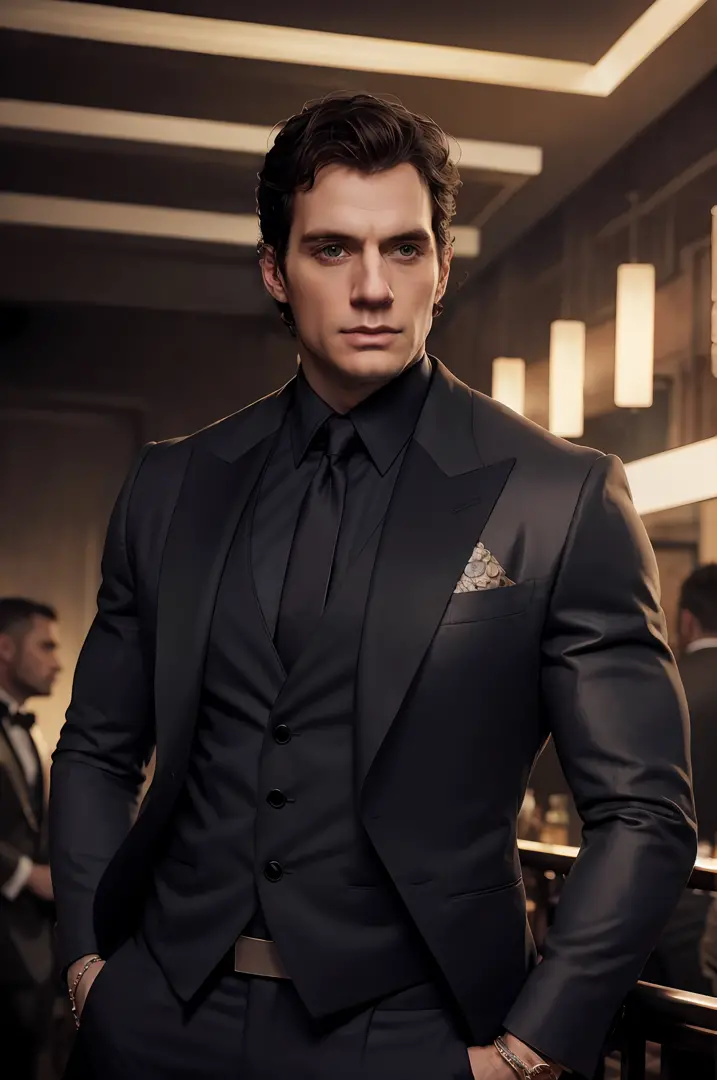 Realistic (muscular man: 1.1) mob boss, Henry Cavill, with an intricate elegant black suite, portrait, short hair, profiled beard, jewelry, in a nightclub, spot scene lighting, detailed background, intricate details, (illustration), masterpiece, high resol...