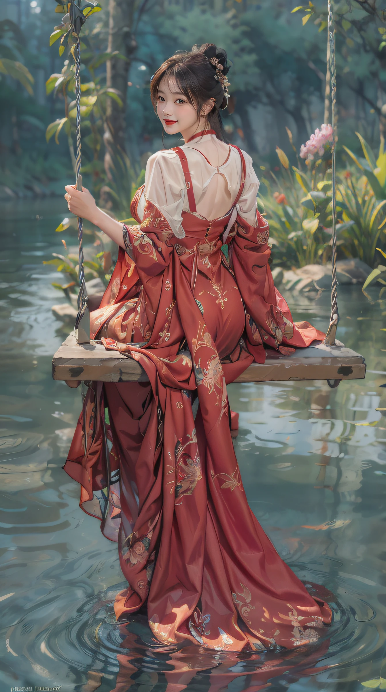 1girl,solo,full body,sitting,(swing:1.3),brown hair,baer back,(red long dress:1.2),backless dress,jewelry,(smile:1.3),shy,blush,sexy,hair bun,plant,(flower:0.7),from behind,back,red lips, water,scenery,reflection on the surface of the water,