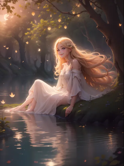 --Nymph --graceful --fluttering --bright eyes --radiant skin --golden hair --charming smile --bathing in soft moonlight,
--Scene...