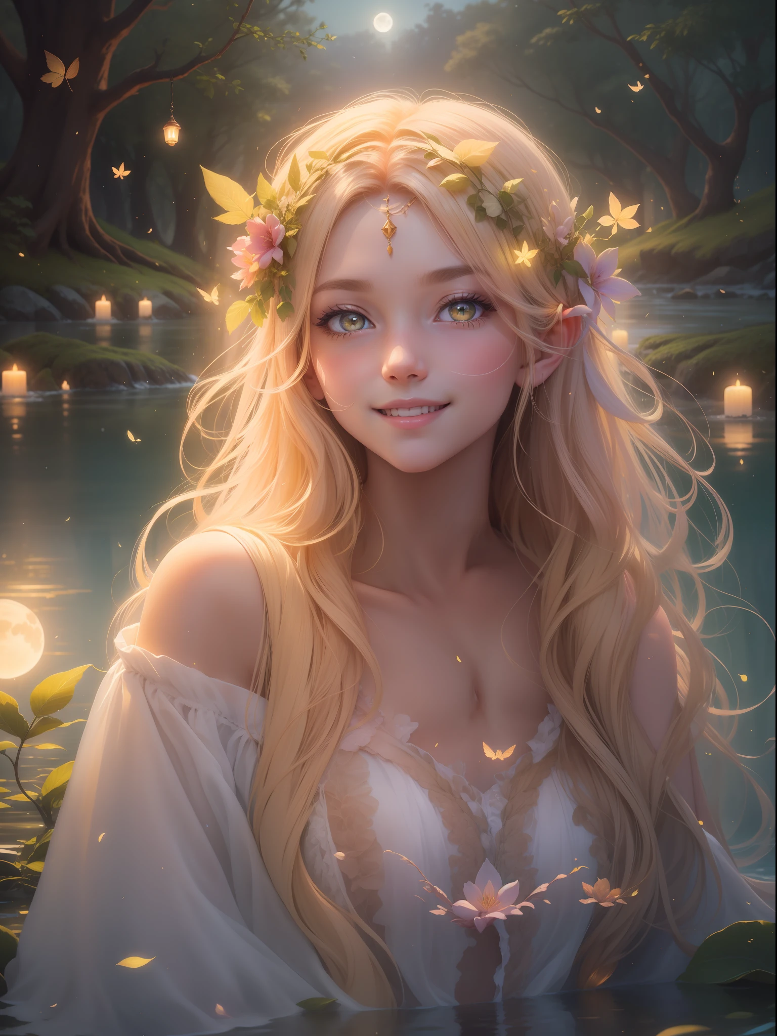 --Nymph --graceful --fluttering --bright eyes --radiant skin --golden hair --charming smile --bathing in soft moonlight,
--Scenery --magical --enchanted forest --soft moonlight --lake,
--Aura --serene --ancestral mystery --ethereal beauty,