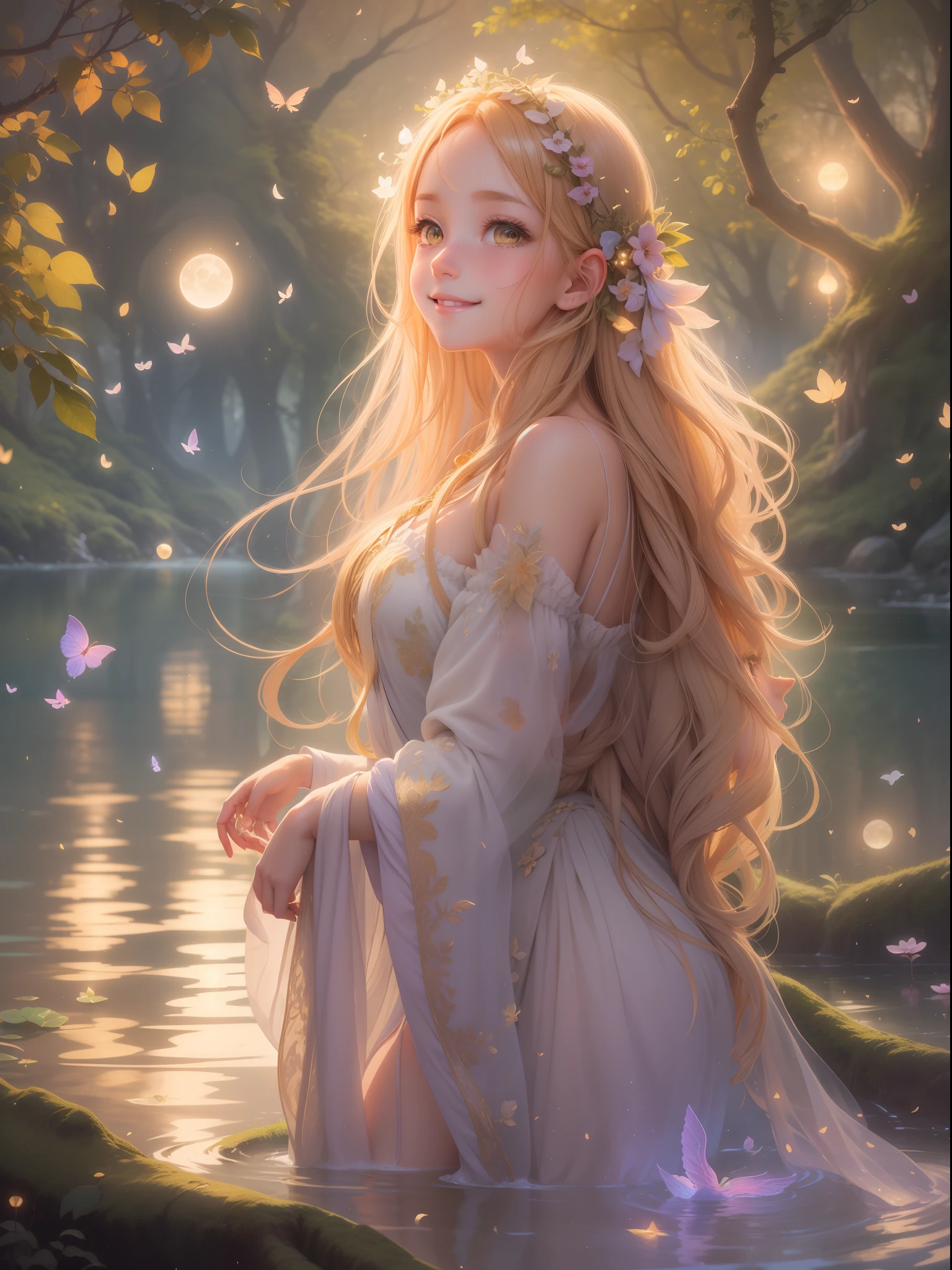 --Nymph --graceful --fluttering --bright eyes --radiant skin --golden hair --charming smile --bathing in soft moonlight,
--Scenery --magical --enchanted forest --soft moonlight --lake,
--Aura --serene --ancestral mystery --ethereal beauty,