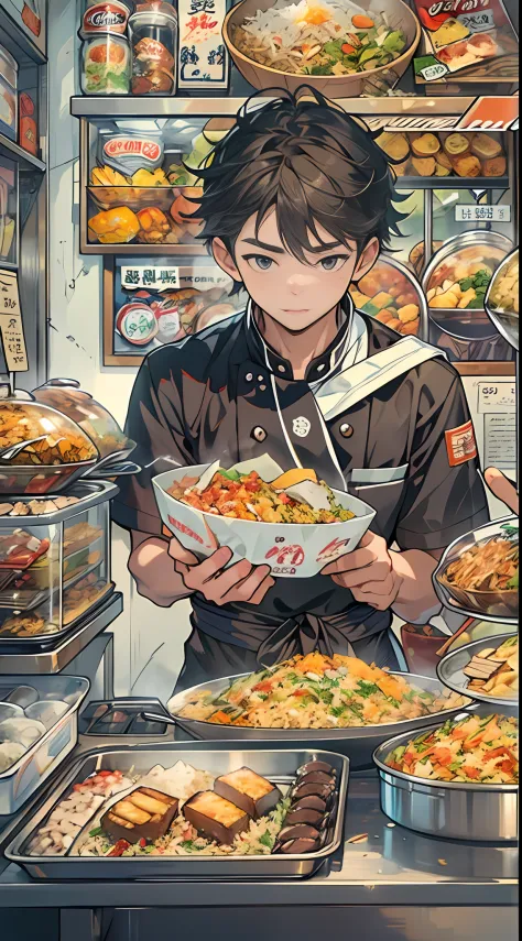 A young and promising male chef stands in front of a snack cart，His face was filled with confidence and determination。The snack cart is decorated with brightly colored signs，It is filled with all kinds of delicacies，It's bustling all around（crowd of:1.5），A...