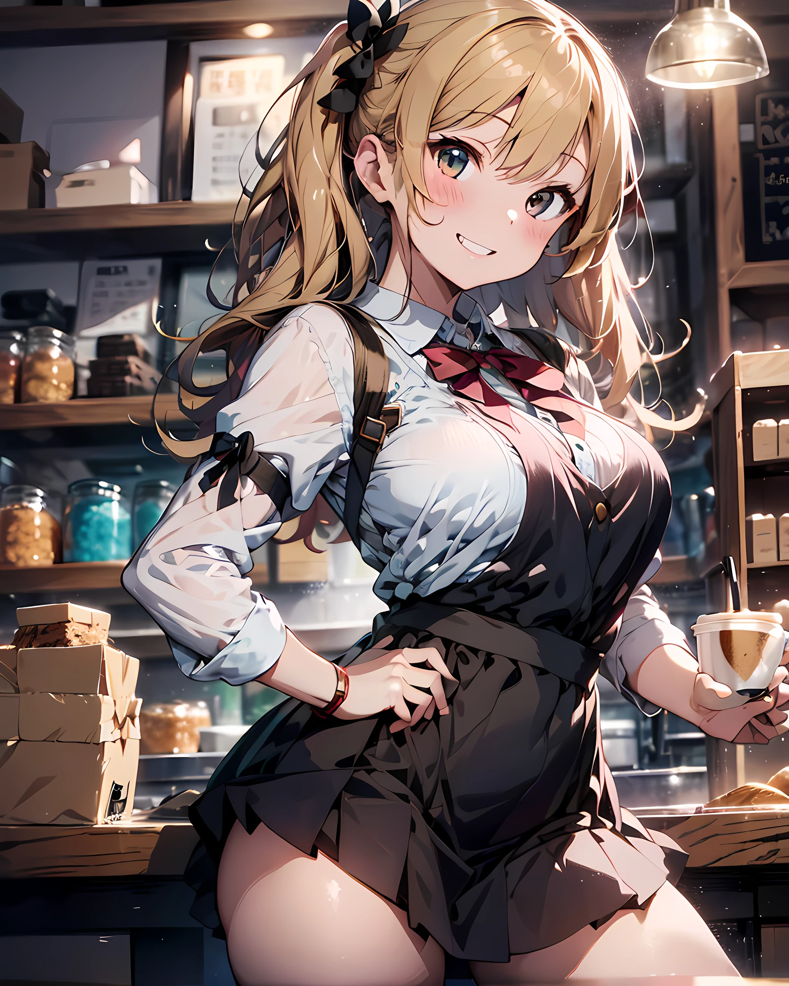 highres, ultra detailed, (1girl:1.3), (dynamic pose):1.0 BREAK, upper body image, ((1 extremely cute and pretty coffe shop girl standing at counter in coffee shop)), cashier, wearing a collard shirt and a green knee-length pleats long skirt, black apron, she has sandy-blonde twin-tails hair style, red hair ribbons, gigantic-breasted, slender, abs, chibi-character, 6 life size, detailed clothes, detailed body, detailed arms, human hands, detailed hands, blush, ashamed, grin smile, happy, ,light smile, open mouth, surprised, looking the viewer, facing the viewer, pretty model posing, extremely leaning forward against the viewer, hands behind back on her hip, studio soft light, cinematic light, detailed background, symmetrical, hyperrealistic, highly detailed, intricate, very smooth, sharp focus, redshift render, 8K, realistic, ultra-realistic, masterpiece,