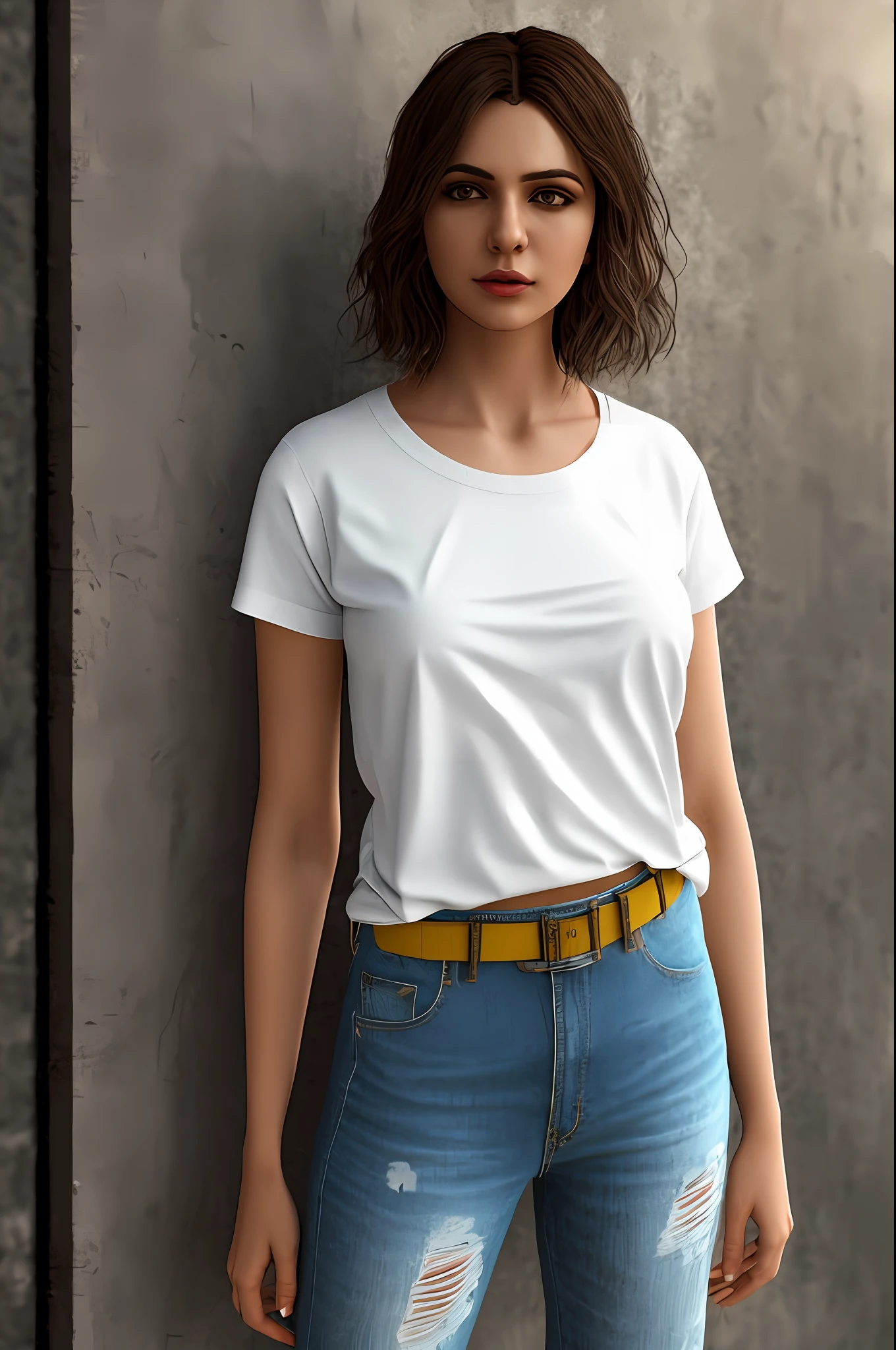 Smart beautiful girl, weavy short hairs, wearing a white basic round neck plain Tee-shirt, yellow tight jeans, waist length tee-shirt, high heels, young beautiful girl, firm breasts, perfect thighs, indoors, (hdr:1.25), (artstation:1.2), dramatic, (intricate details:1.14), (hyperrealistic 3d render:1.16), (filmic:0.55), (rutkowski:1.1), (faded:1.3)