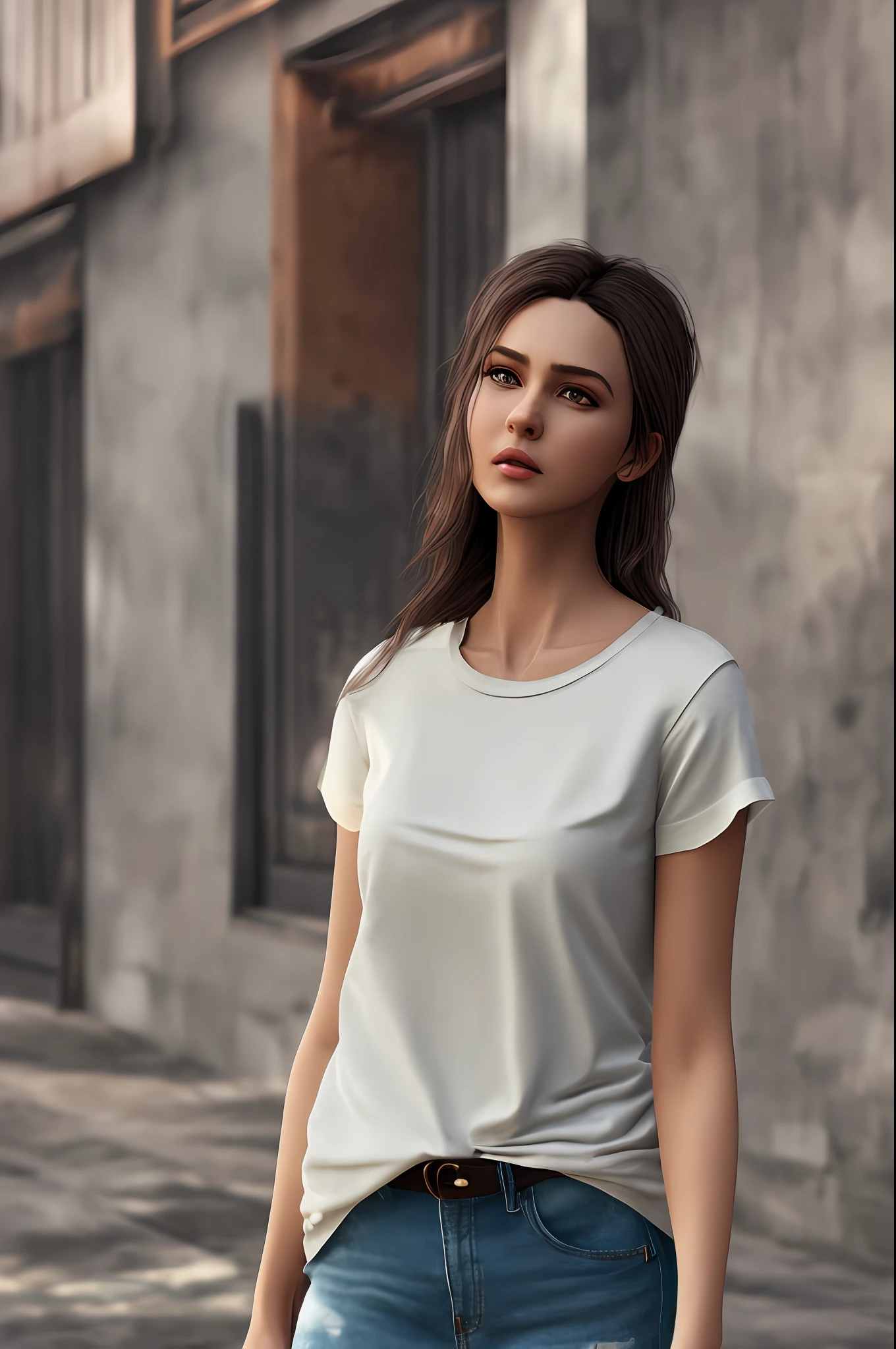 Smart beautiful girl, weavy short hairs, wearing a white basic round neck plain Tee-shirt, yellow tight jeans, waist length tee-shirt, high heels, young beautiful girl, firm breasts, perfect thighs, indoors, (hdr:1.25), (artstation:1.2), dramatic, (intricate details:1.14), (hyperrealistic 3d render:1.16), (filmic:0.55), (rutkowski:1.1), (faded:1.3)