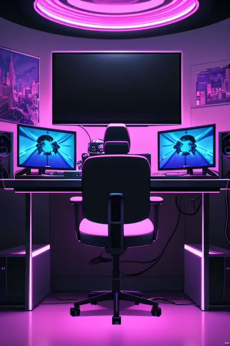 (masterpiece), (best illustration),(no humans), anime background, gaming bedroom, television with large computer, ring lighting ...