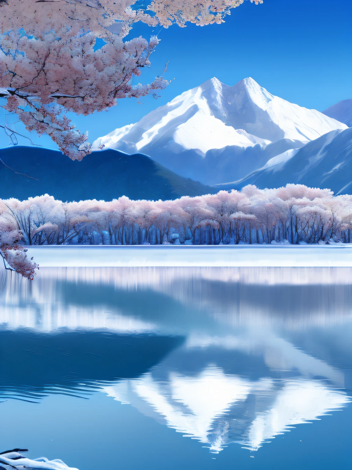 Montañas cubiertas de nieve de color blanco azulado，los cerezos，cielo azul，lagos，Reflexión sobre la superficie del agua.，4k
