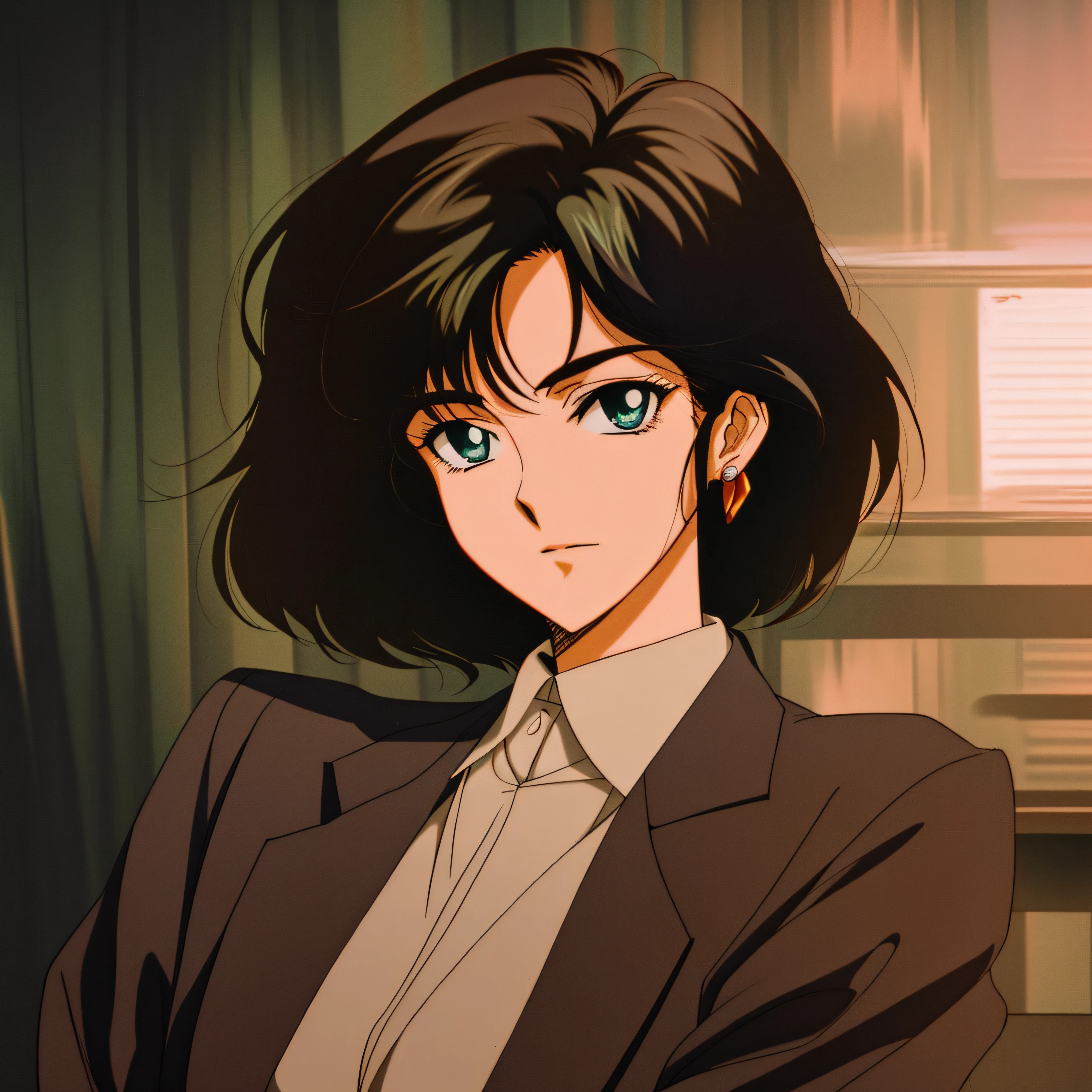 Аниме образ женщины в костюме и галстуке, сидя в кресле, в художественном стиле аниме 80-х, 8 0 s аниме арт стиль, 1980's anime style, Фубуки, ретро аниме девушка, 90-е годы аниме арт стиль, Портрет Лофи, 8 0 е в стиле аниме, ретро аниме изображение, как на картинке, глаза зеленого цвета, рыжие волосы