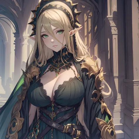 masterpiece, best quality, 1woman, adult, female focus, solo, blonde hair, long hair, vibrant green eyes, looking at viewer, closed mouth, Fantasy aesthetics, Highly detailed, shadowverse style, black necromancer outfit, thick thigh, big breast, thick, ear...