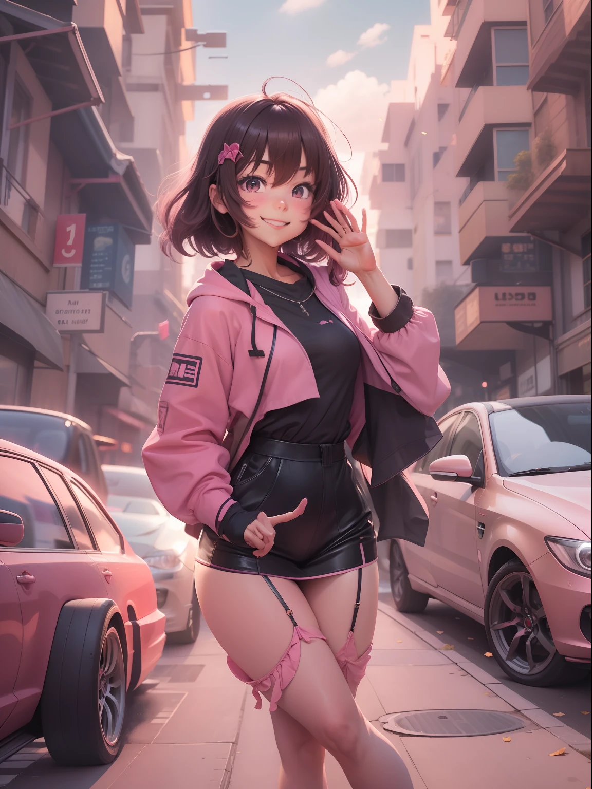 --Anime girl--crouched --smiling --waving her hand --dressed in pink,
--Boxer --Fight pose --dressed in black --serious face --clenched puns,
--Urban scenery --buildings --cars in the background,
--Interagindo --desafiando --aceitando o desafio.