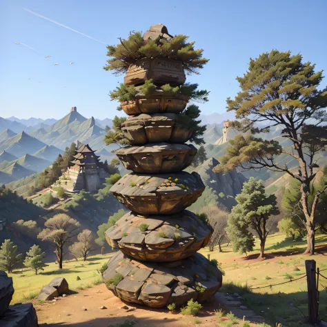 In the distance is a large pile of strange rocks，（High hills）Bristling，（ancient buildings of China）Strange tree --auto