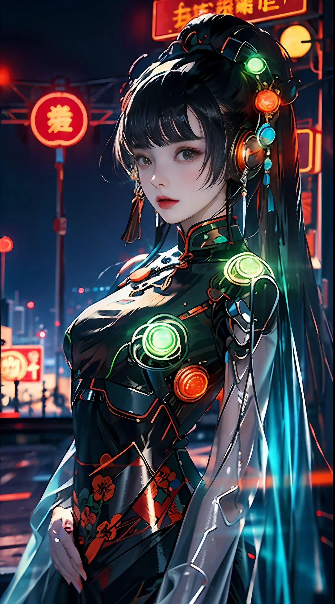 1 girl, Chinese_clothes, black and orange, cyberhan, cheongsam, cyberpunk city, dynamic pose, glowing headphones, glowing hair accessories, long hair, glowing earrings, glowing necklace, long straight hair flying messy, silver hair, cyberpunk, high-tech city, full of mechanical and futuristic elements, futurism, technology, glowing neon, orange, orange light, laser, digital background city sky, big moon, with vehicle, best quality, masterpiece, 8K, character edge light, Super high detail, high quality, the most beautiful woman in human beings, background many advertising light boxes