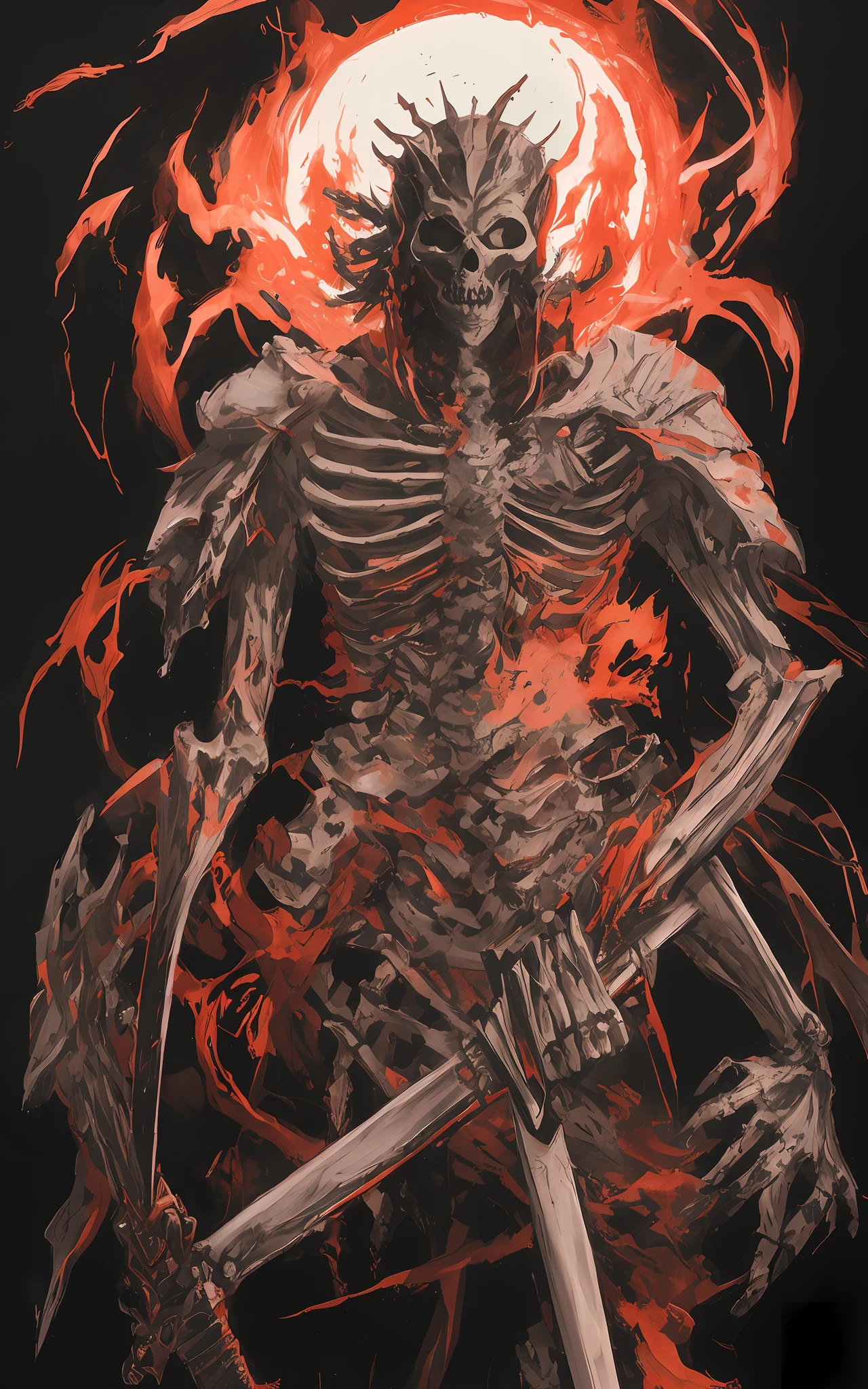 A skeleton samurai , world of Tsutomu Nihei's Abara, soro, Wearing a tattered kimono and holding a Japanese sword, The world of darkness, Black flames.