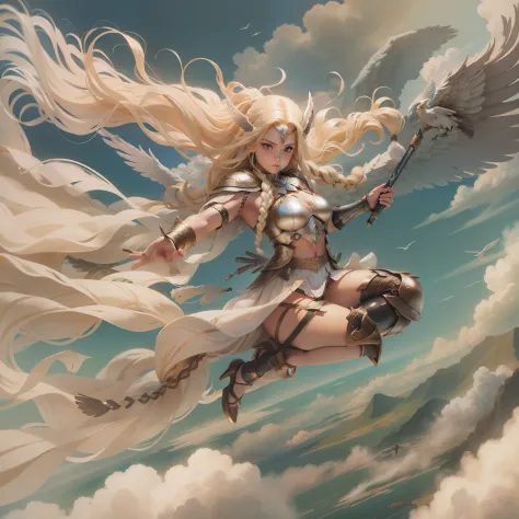 Valkyrie flying in the sky, blonde with long hair forming a single braid, asas gkiruisas, corpo inteiro, camera de baixo pra cima.