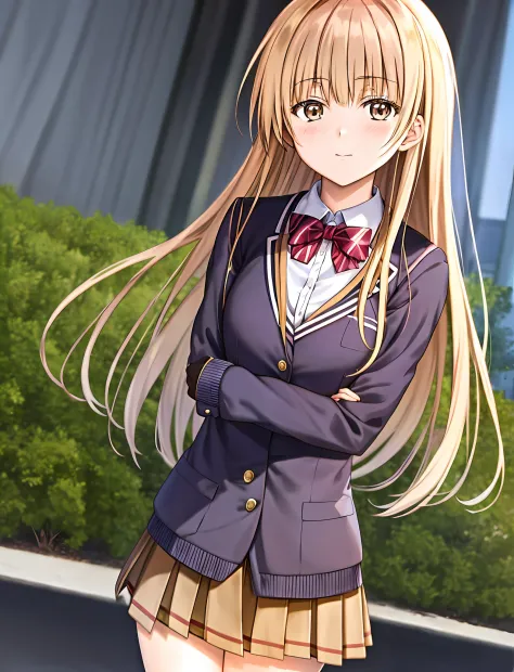 anime girl in uniform standing in front of a building, smooth anime cg art, beautiful anime high school girl, anime visual of a cute girl, blonde anime girl with long hair, high detailed official artwork, a hyperrealistic schoolgirl, anime portrait of shii...