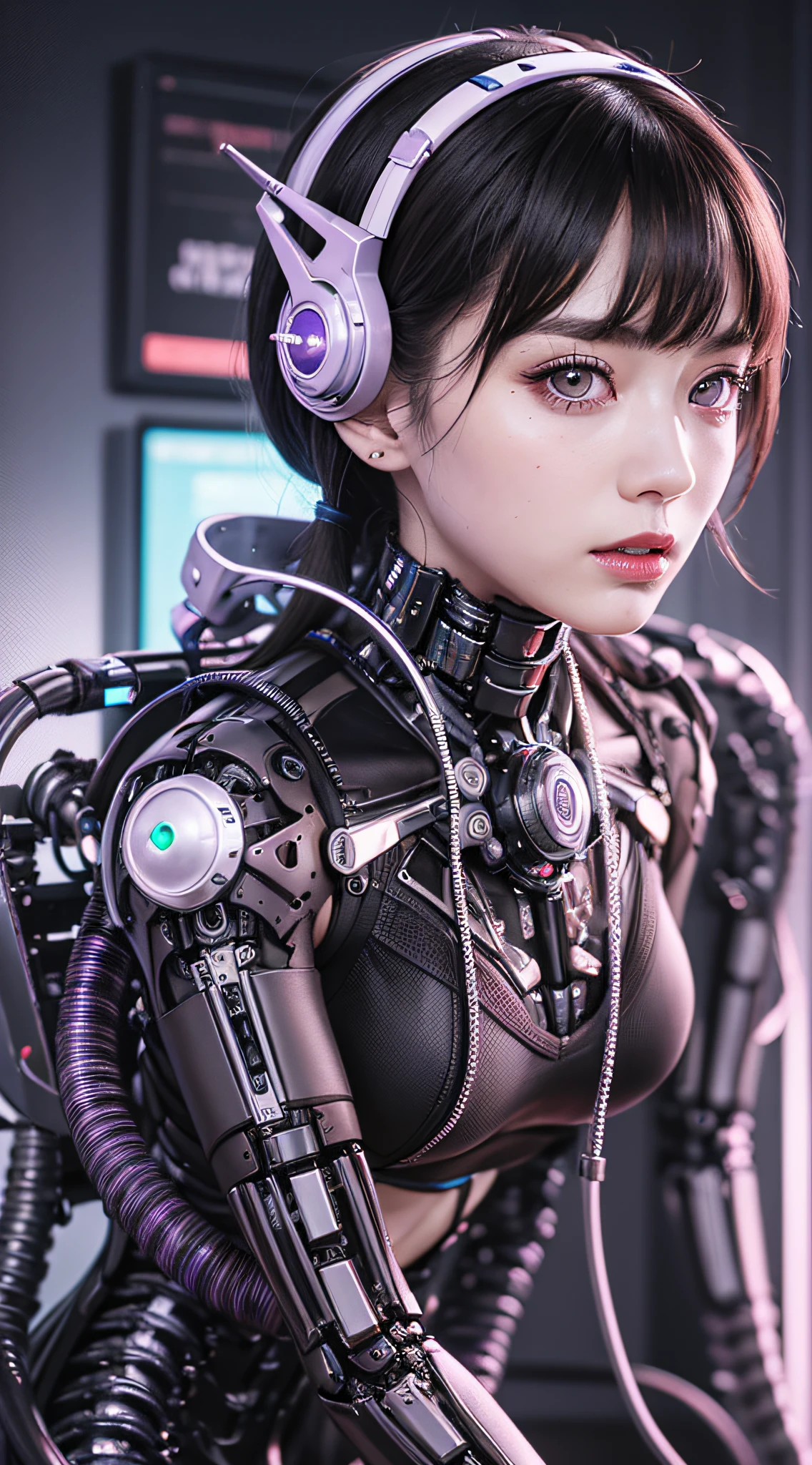 1 Mechanical Girl、((super realistic details))、portlate、globalillumination、Shadow、octan render、8K、ultrasharp、metals、Details of complex ornaments、cold color、Gothloli details、highly intricate detail、Realistic light、CGSoation Trends、a purple eye、radiant eyes、Facing the camera、neon details、Mechanical limbs、blood vessels connected to tubes、Mechanical vertebrae attached to the back、mechanical cervical attaching to neck、sitting on、Wires and cables connecting to the head、The background is a cyberpunk space、