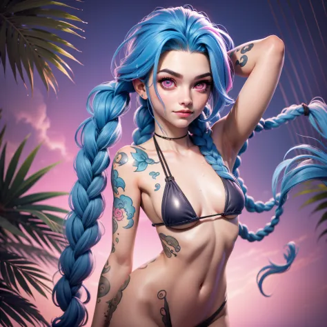J3dmm, masterpiece, high quality best quality, 1girl, beach, ((micro bikini)), wet, hair with two long braids, blue hair, jinx, young female, 14 years old, 1girl, solo, looking at viewer, detailed pink eyes, navel, character name, looking at viewer, outdoo...