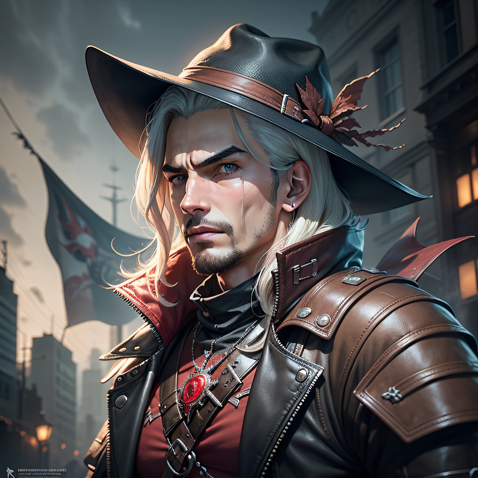 Man in black hat and leather jacket holding a flag, portrait of a bloodborne hunter, 坏蛋动漫8 K, alucard, gunfire, stylized urban fantasy artwork, cyberpunk assassin, Portrait of a watchman, centralized urban fantasy, as a character in tekken, dante from devil may cry, guillem h. Pongiluppi