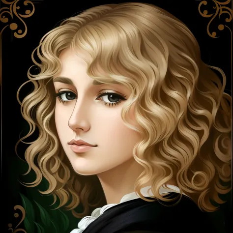 woman, caucasian, 26 years old, blonde hair, very curly hair, dark brown eyes, looking sad, dark background, claude monet style