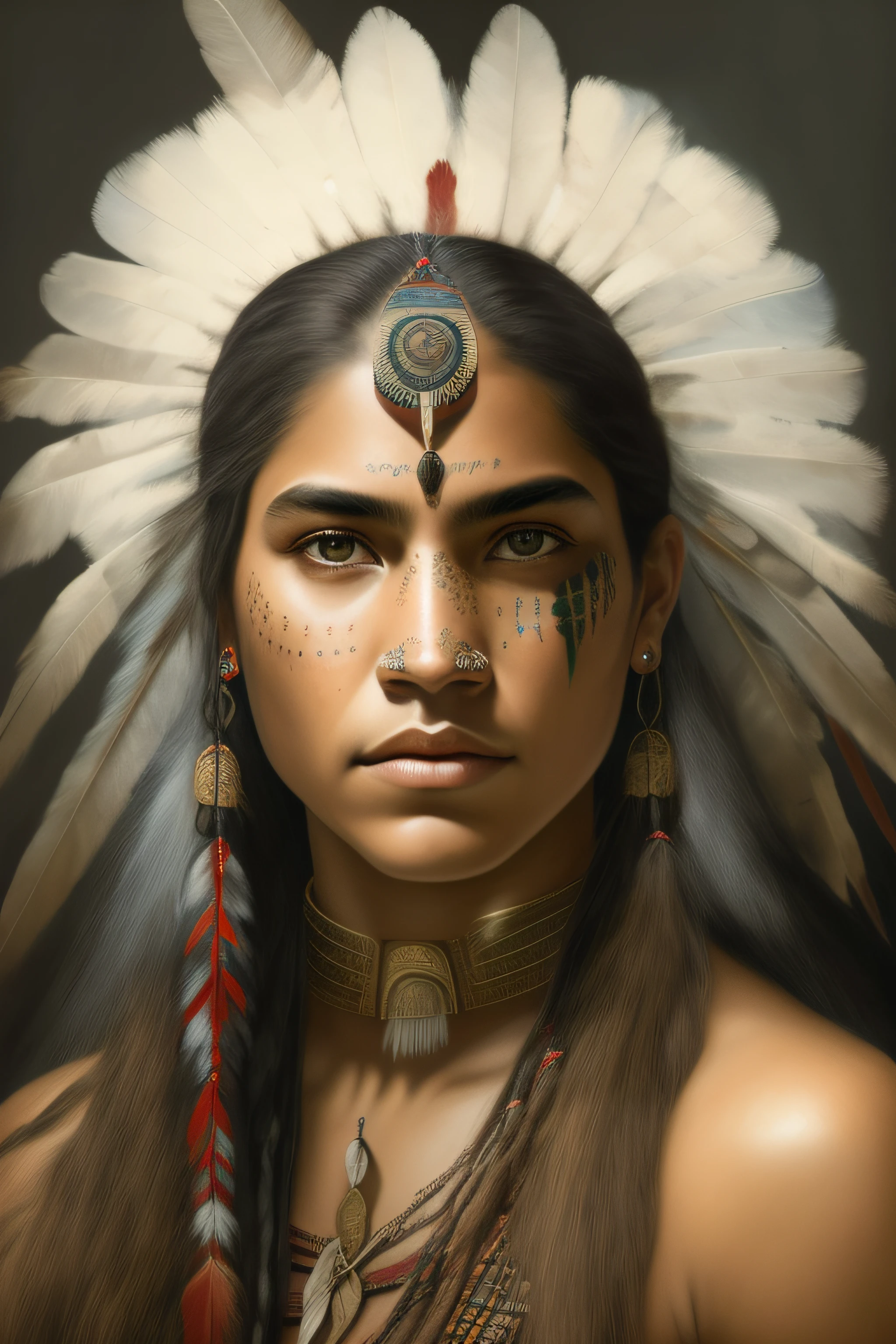 얼굴에 깃털과 화장을 한 여자 Retrato De Uma Mulher 전사 어린 포카혼타스의 초상 젊은 여성 무당 아메리카 원주민 Seaart Ai