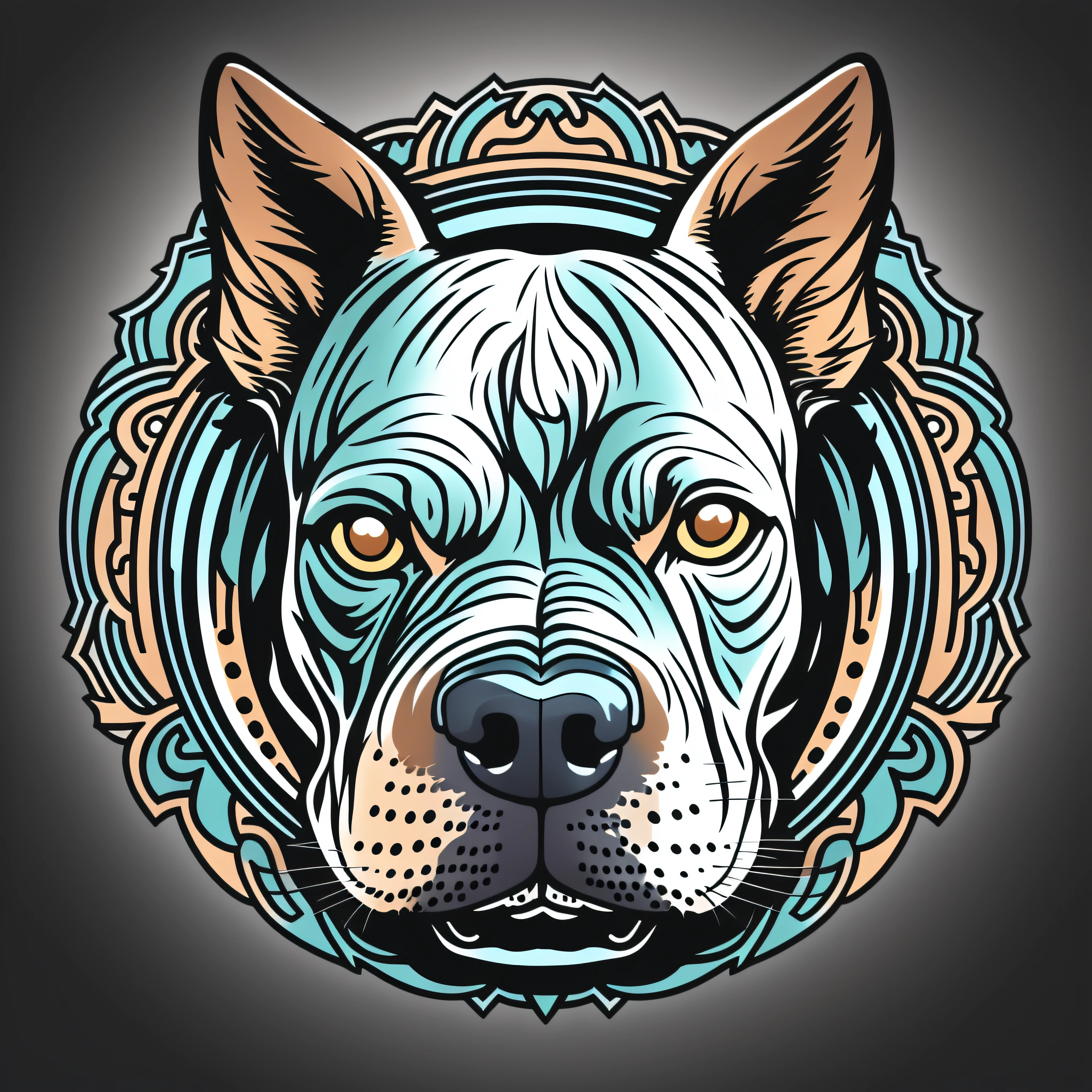 素晴らしいピットブル犬の頭のロゴ, 12k, 詳細 .青い目.円の輪郭を持つ, ステッカーのように見える, ビクターアルテカートゥーンアート, イラストレーター ロゴ