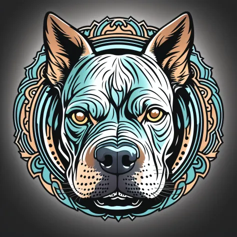 Amazing pitbull dog head logo, 12K, details .blue eyes.with a circle contour, looking like a sticker, victor arte cartoon art, i...