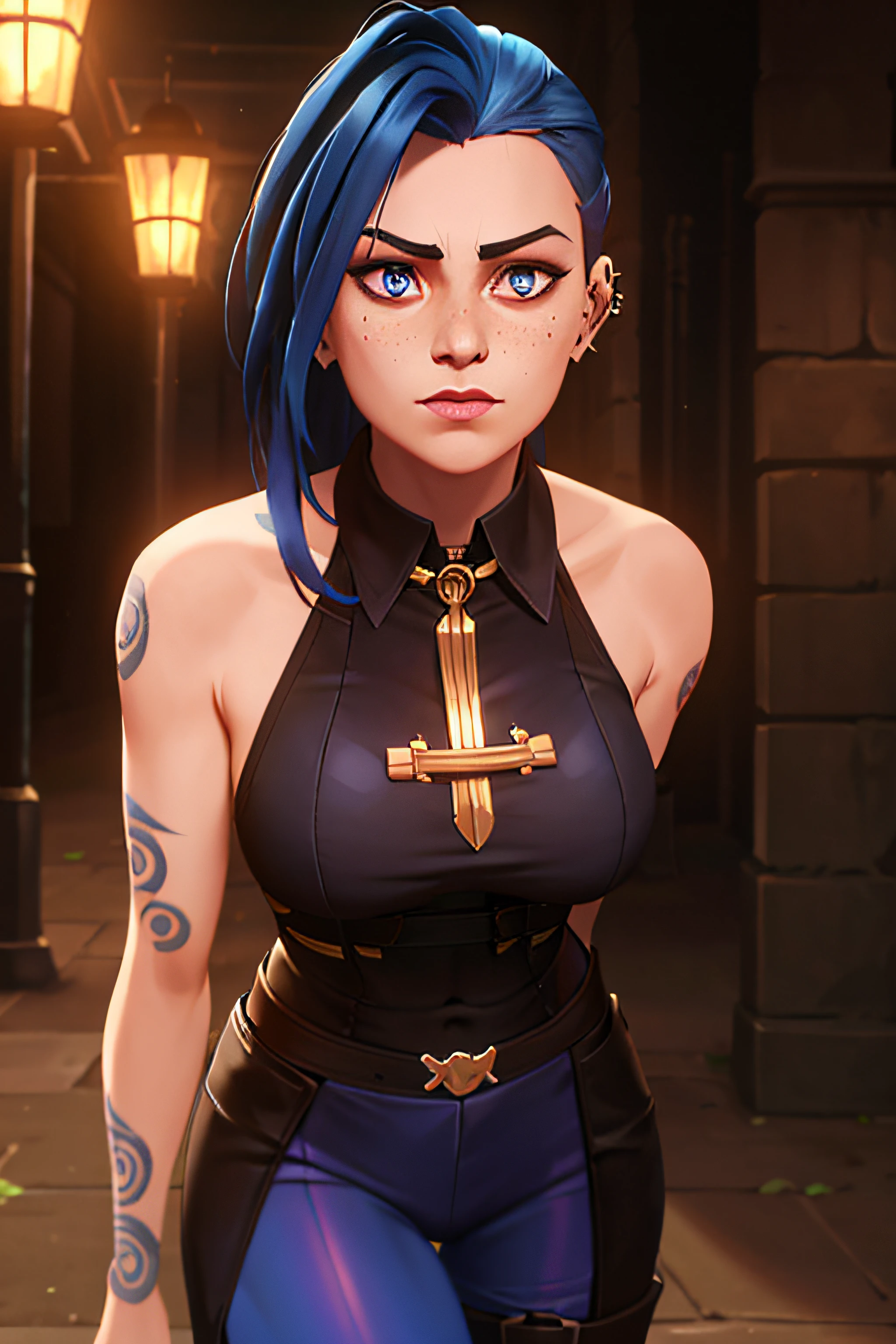 arcane style, 1girl, , tattoo , portrait, asymmetrical bangs, long hair, bangs, breasts, freckles, blue eyes, large breasts, looking at the viewer, tattoo on the neck, piercing on the nose, blue hair, scar, scar on the face , solo, tattoo on the face, upper body, thighs, blue(pantyhose), detailed background, city, alley, dark alley, portrait, , night, brave, close, closed mouth, , ((masterpiece)),  Absurd