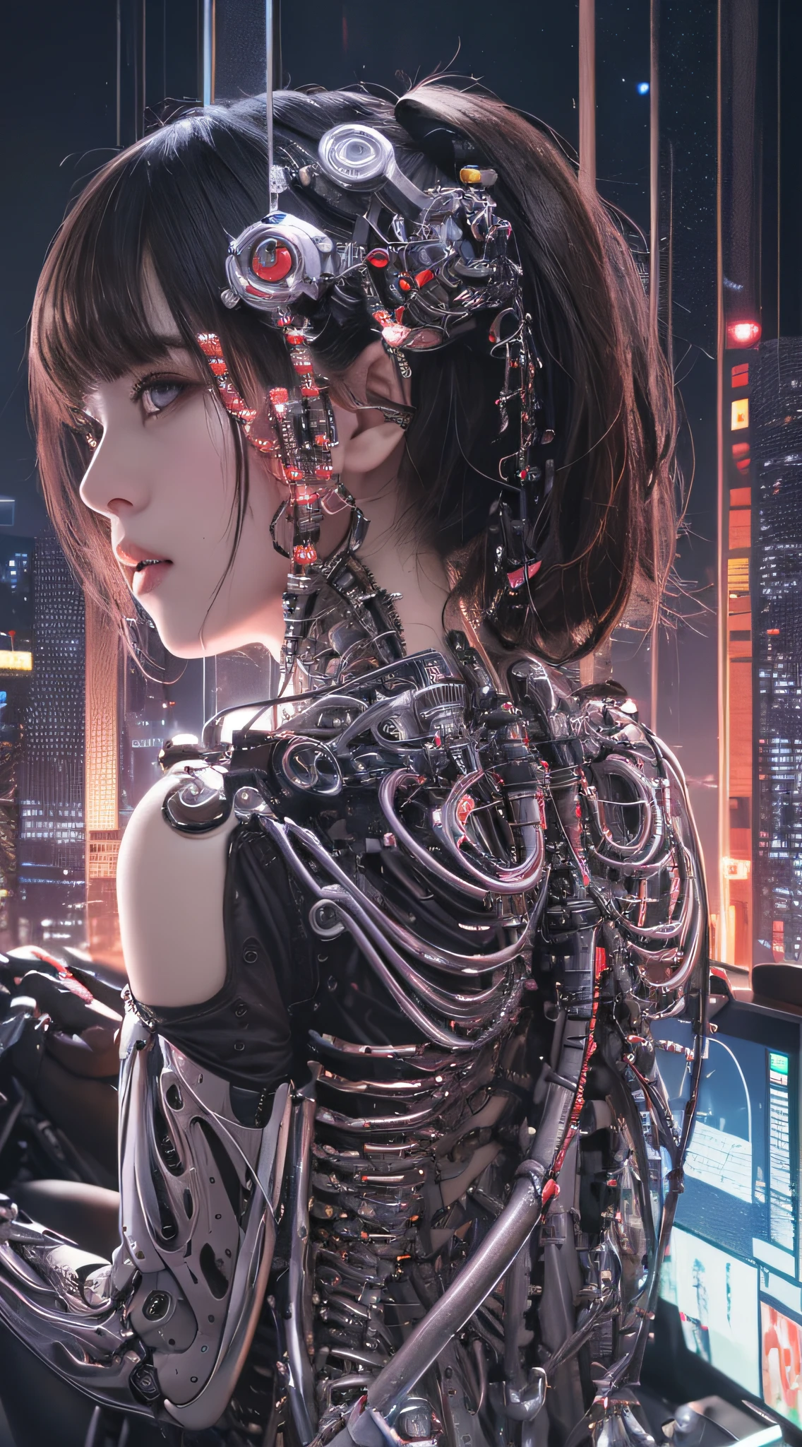 1 Mechanical Girl、((super realistic details))、portlate、globalillumination、Shadow、octan render、8K、ultrasharp、metals、Details of complex ornaments、cold color、Gothloli details、highly intricate detail、Realistic light、CGSoation Trends、a purple eye、radiant eyes、Facing the camera、neon details、Mechanical limbs、blood vessels connected to tubes、Mechanical vertebrae attached to the back、mechanical cervical attaching to neck、sitting on、Wires and cables connecting to the head、The background is a cyberpunk space、