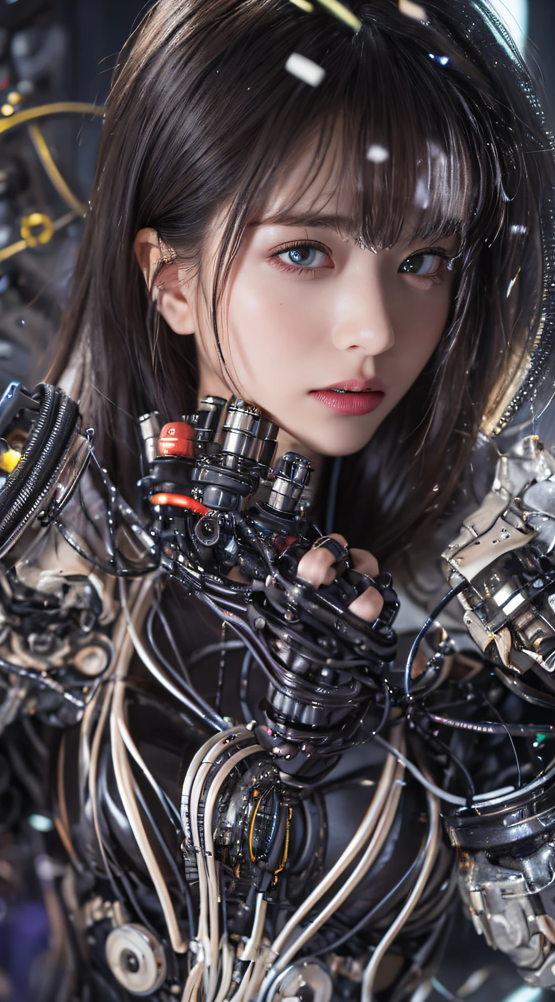 1 Mechanical Girl、((super realistic details))、portlate、globalillumination、Shadow、octan render、8K、ultrasharp、metals、Details of complex ornaments、cold color、Gothloli details、highly intricate detail、Realistic light、CGSoation Trends、a purple eye、radiant eyes、Facing the camera、neon details、Mechanical limbs、blood vessels connected to tubes、Mechanical vertebrae attached to the back、mechanical cervical attaching to neck、sitting on、Wires and cables connecting to the head、The background is a cyberpunk space、