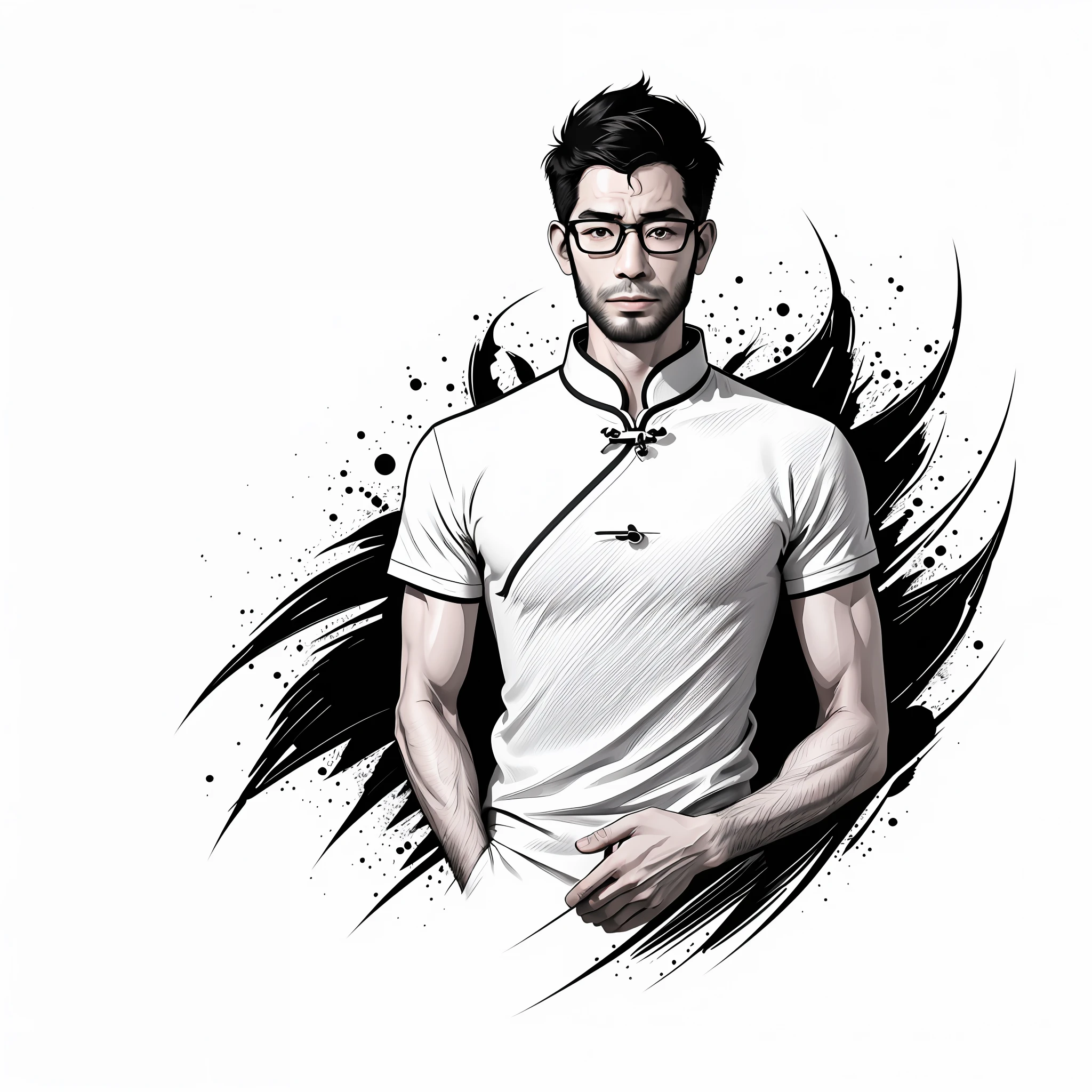 best quality, high quality, 8K, white background, {{{lineart:1.3}}}, 1 chinese man,35 year old,black hair,under cut hair,wear glasses, solo, zlayato,