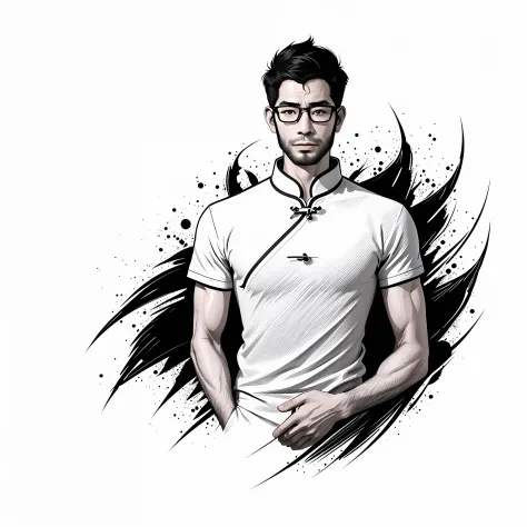 best quality, high quality, 8K, white background, {{{lineart:1.3}}}, 1 chinese man,35 year old,black hair,under cut hair,wear gl...