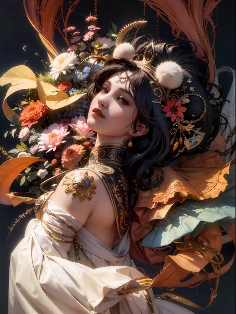 a close up of a woman with a large headpiece and flowers, artwork in the style of guweiz, by Yang J, beautiful character painting, alphonse mucha and rossdraws, guweiz, ross tran 8 k, a beautiful fantasy empress, 8k high quality detailed art, ((a beautiful...