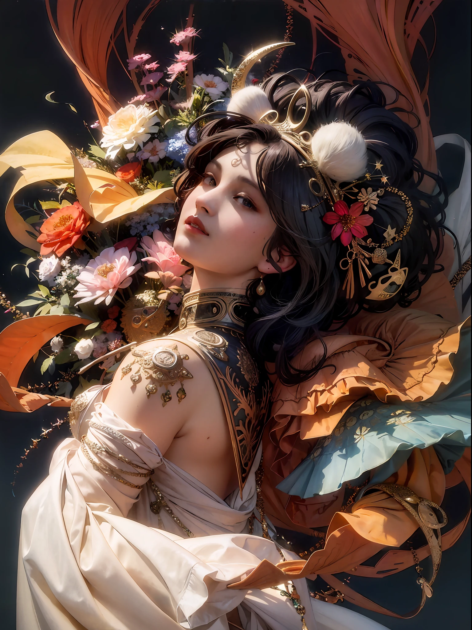 un primer plano de una mujer con un gran tocado y flores, obra de arte al estilo de guweiz, by Yang J, hermosa pintura de personajes, alphonse mucha y rossdraws, guweiz, Ross Tran 8K, una hermosa emperatriz de fantasía, Arte detallado de alta calidad 8k, ((una hermosa emperatriz de fantasía)), obra maestra de guweiz, hermosa obra de arte digital