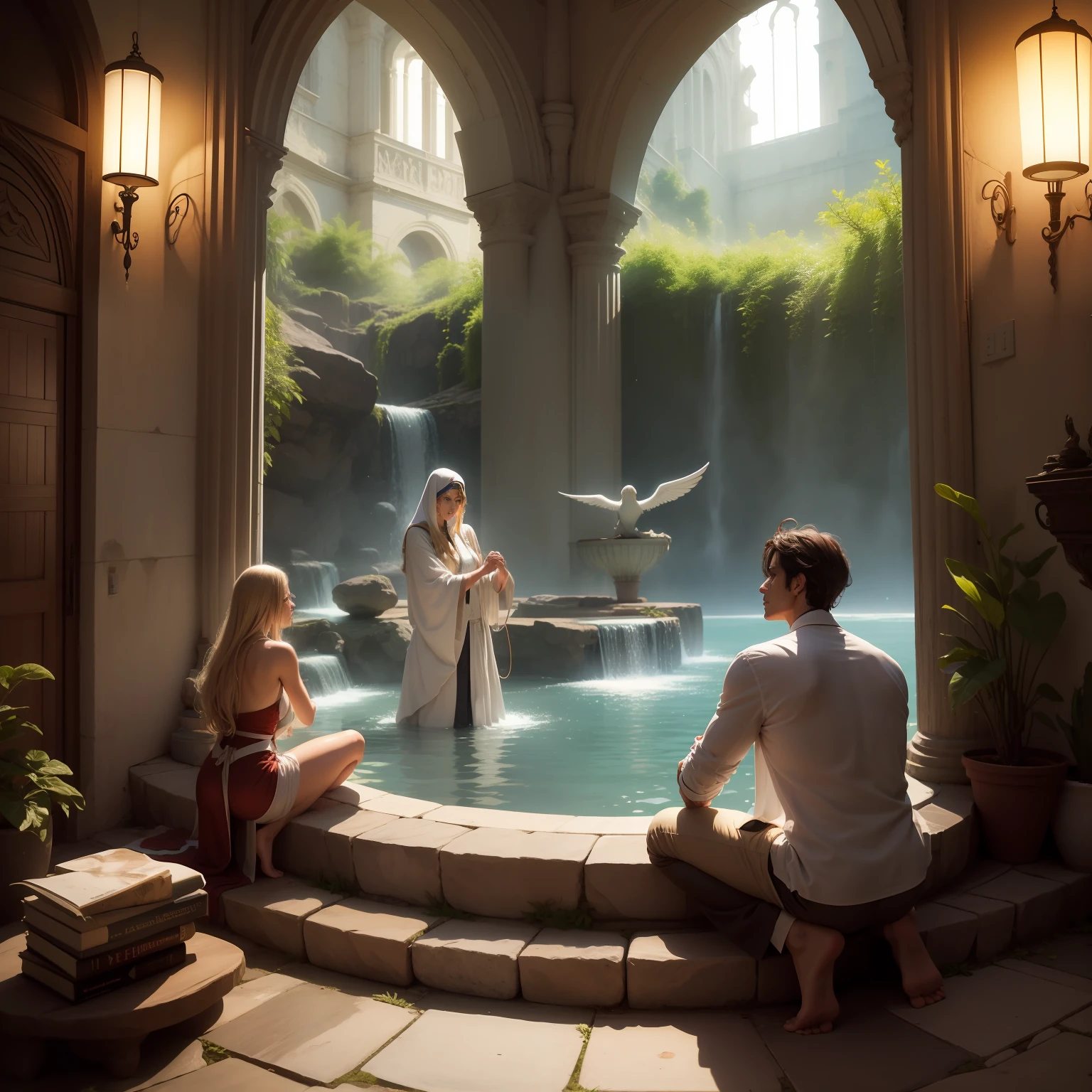 Arafed image of a couple of people sitting in a fountain - SeaArt AI