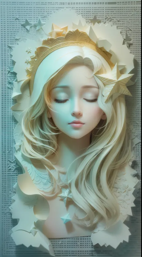 illustration: 1.3), paper art, 3D rendering of, Colorful background, (Beautiful side face，closing her eyes: 1.3), (Masterpiece Star 1.2)(Masterpiece Moon 1.2) , Colorful, Best quality, Detailed details, Masterpiece, offcial art, movie light effect, 4K, Chi...