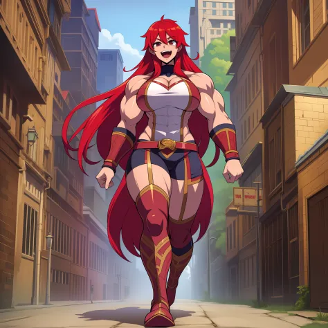 tall woman, huge chest, long hair, red hair, muscular girl portrain solo focus, 1character, revealing cloths, amazon, woman berserker, fantasy medieval,walking, open mouth smile, full body, walking