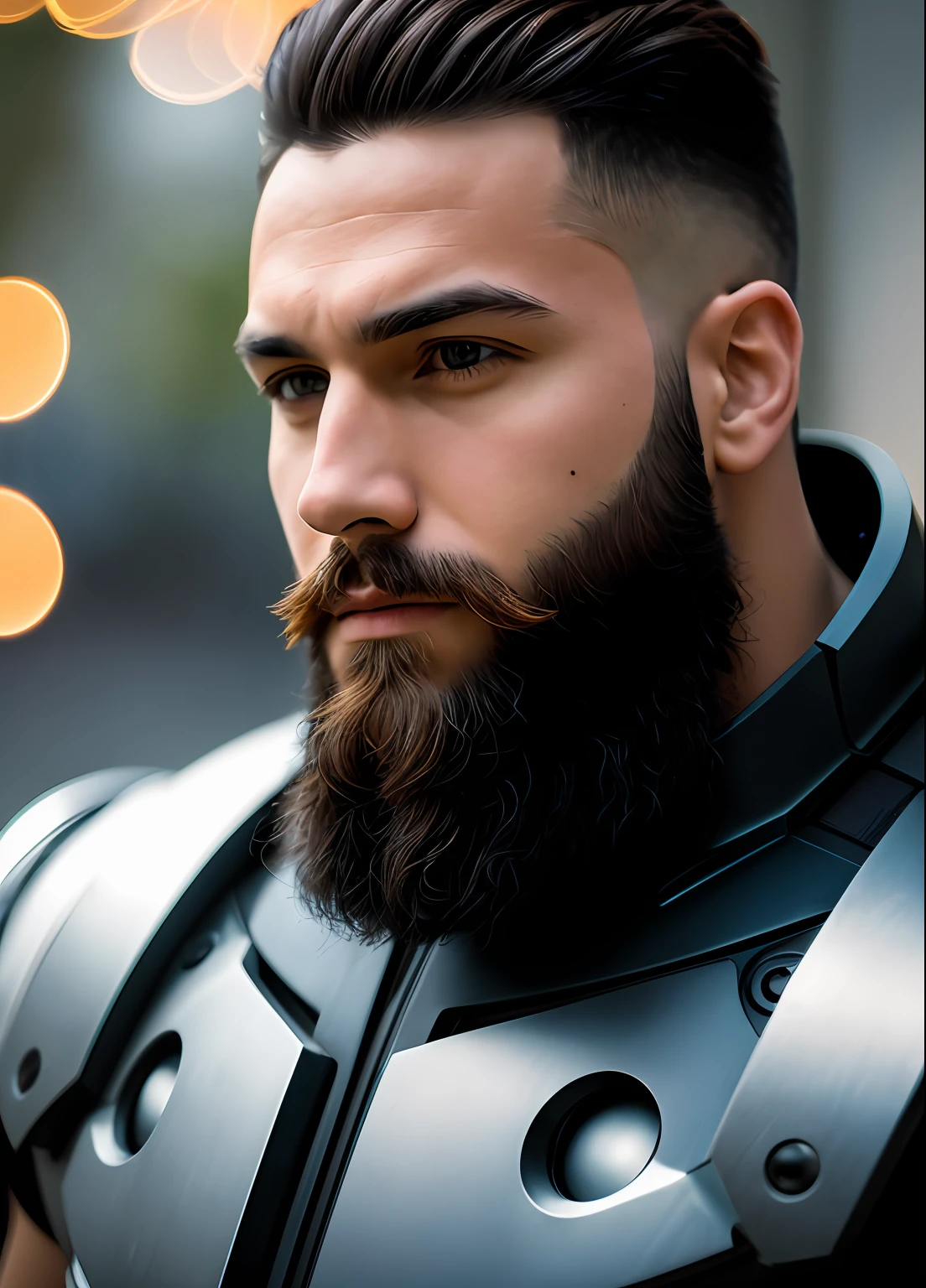 Portrait photo of a muscular bearded guy in a used mechanical suit, ((bokeh claro)), intrincado, (steel metal [ferrugem]), Sharp and elegant focus, foto de greg rutkowski, soft-lighting, cores vibrantes, obra-prima, ((ruas )), rosto detalhado, 4k, ultra realismo, super detalhes, detalhes super intrincados, Vocational lighting, photografia, photo perfect