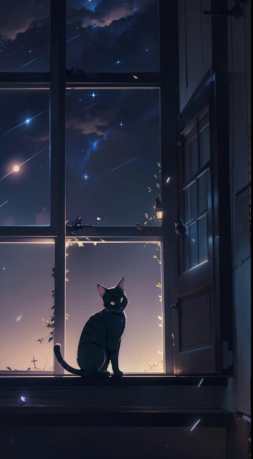Un petit chat accroupi sur le rebord de la fenêtre, étoiles filantes, le ciel nocturne, Style animé, Clair-obscur, éclairage cinématographique, rétroéclairage, silhouette, par le bas, 8k, super détail, précis, meilleure qualité, détails élevés