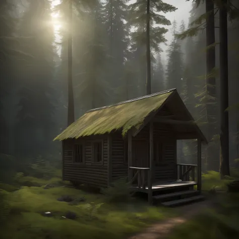 An abandoned dilapidated hut in a dense dark forest, woods, scenery (higly detailed, HD), High octane rating, 8k, hight resolution, spectacular lighting, sharp-focus, Depth of field, tmasterpiece, beste-Qualit, 3D, Photorealistic, high quality textures
