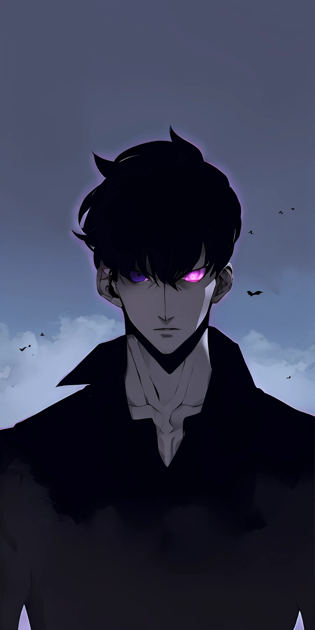 anime guy with black hair and purple eyes standing in front of a cloudy sky, trigger anime artstyle, handsome guy in demon slayer art, inspired by Okumura Masanobu, the former demon king, gapmoe yandere grimdark, dark. no text, he's very menacing and evil, menacing look, portrait gapmoe yandere grimdark, god of death