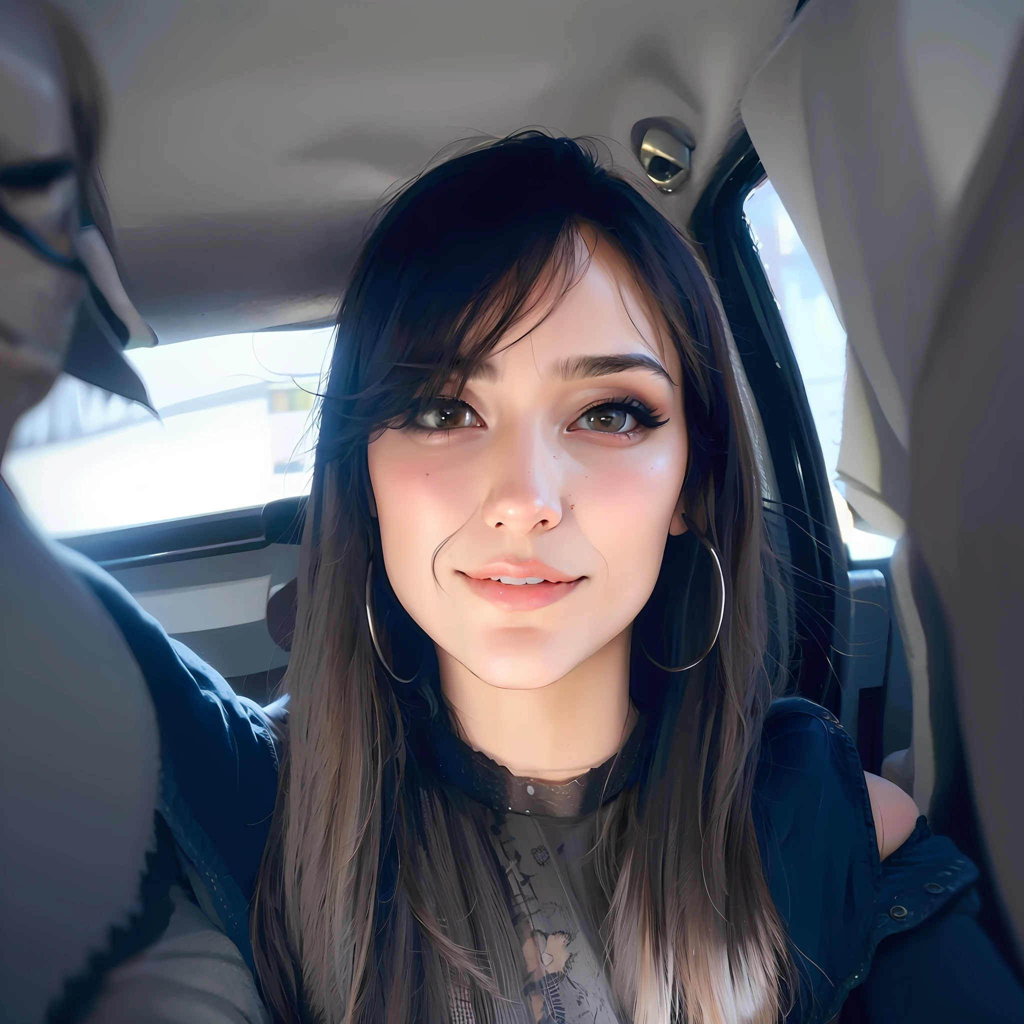 A close up of a woman sitting in a car with a cell phone - SeaArt AI