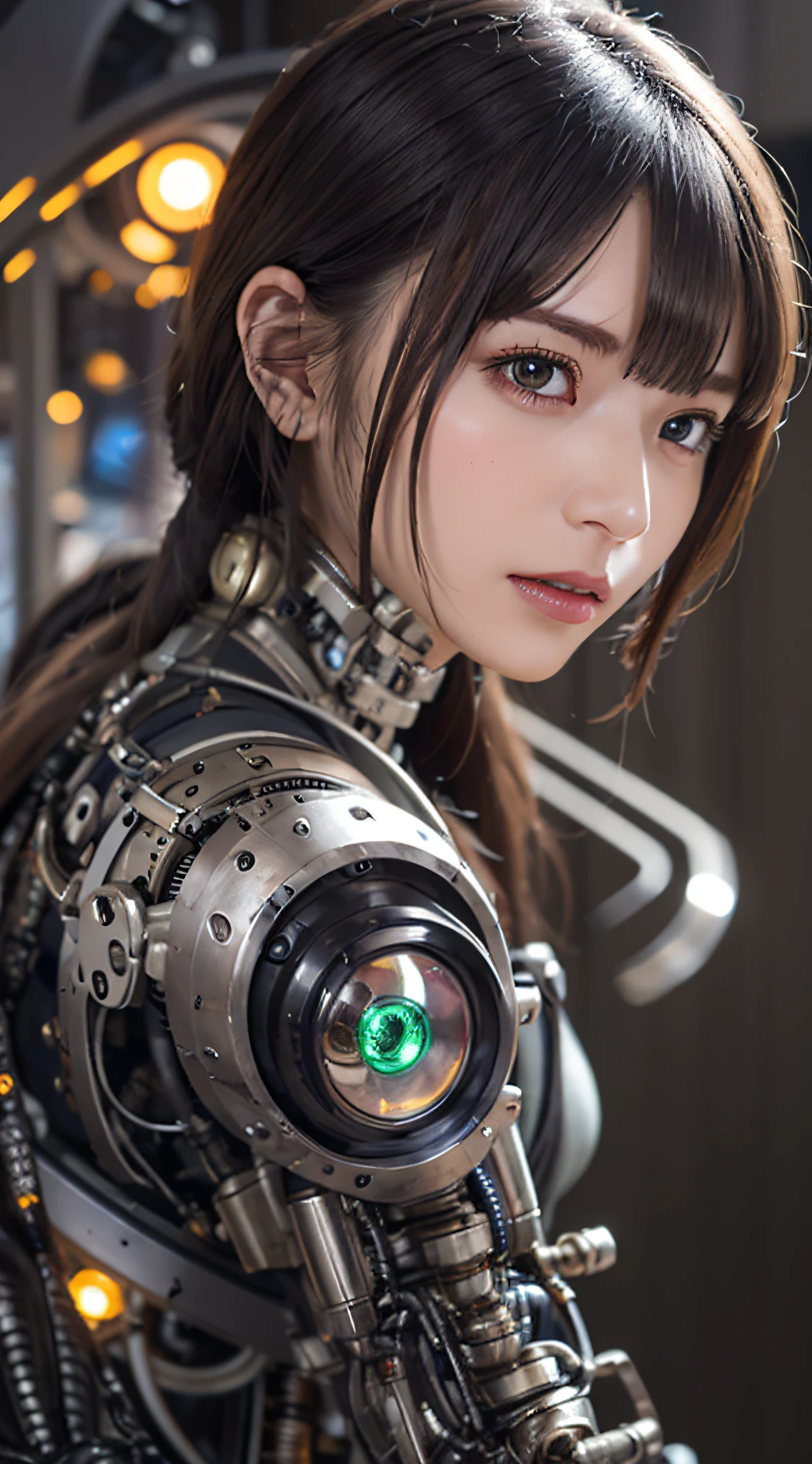 1 Mechanical Girl、((super realistic details))、portlate、globalillumination、Shadow、octan render、8K、ultrasharp、Steampunk Cyborg Body、metals、Details of complex ornaments、cold color、Gothloli details、highly intricate detail、Realistic light、CGSoation Trends、a purple eye、radiant eyes、Facing the camera、neon details、Mechanical limbs、blood vessels connected to tubeechanical vertebrae attached to the back、mechanical cervical attaching to neck、sitting on、Wires and cables connecting to the head、The background is a steampunk space、