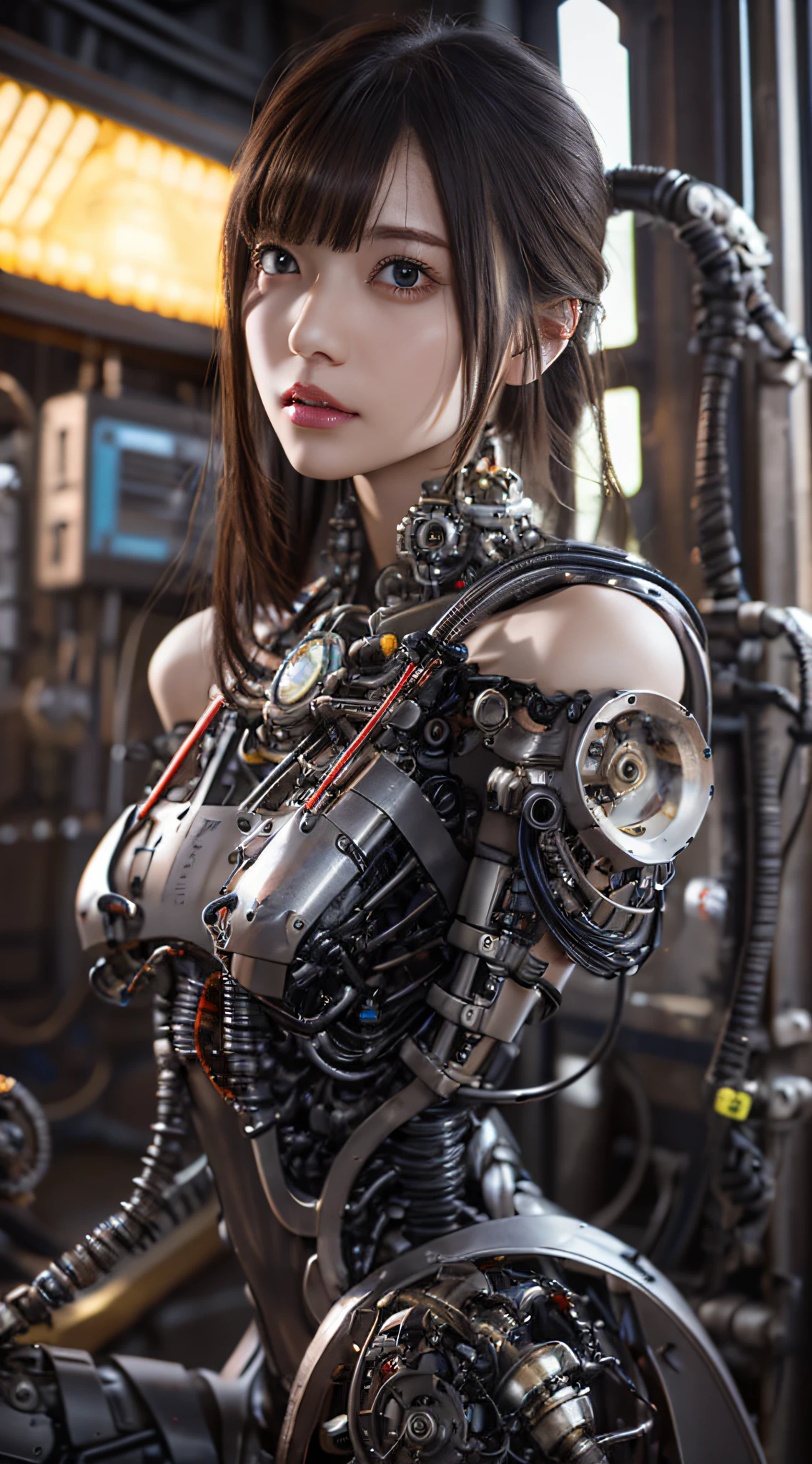 1 Mechanical Girl、((super realistic details))、portlate、globalillumination、Shadow、octan render、8K、ultrasharp、Steampunk Cyborg Body、metals、Details of complex ornaments、cold color、Gothloli details、highly intricate detail、Realistic light、CGSoation Trends、a purple eye、radiant eyes、Facing the camera、neon details、Mechanical limbs、blood vessels connected to tubeechanical vertebrae attached to the back、mechanical cervical attaching to neck、sitting on、Wires and cables connecting to the head、The background is a steampunk space、