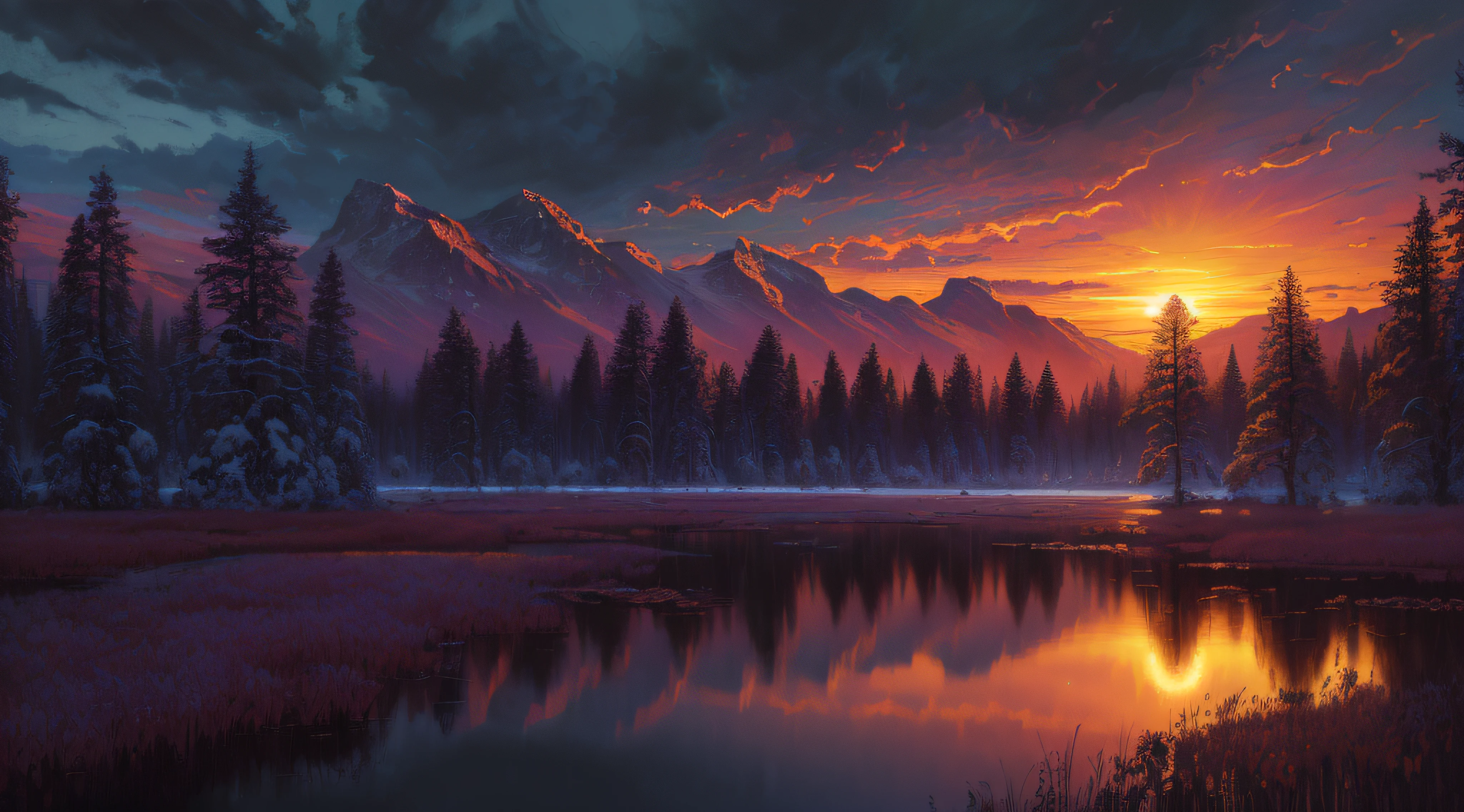 (masterpiece, best quality, high quality, highres:1.4), detailed, extremely detailed, ambient soft lighting, 4K, landscape, (dusk, setting sun, darkening sky:1.3), swamp, mire, mist, mountains in the background, crooked trees, darkness, dark fantasy, gothichorrorai