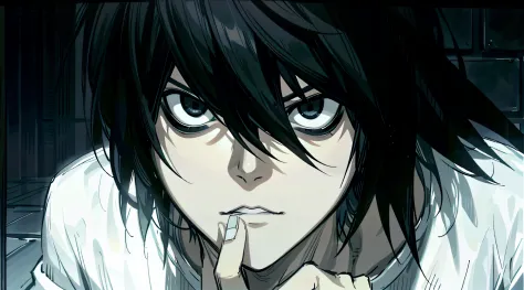 um close up de uma pessoa com um cabelo preto e uma camisa branca, l · lawliet, estilo death note, death note, estilo anime, obr...